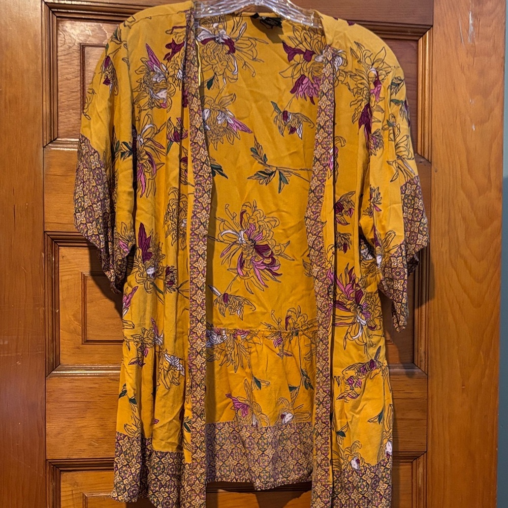 Angie Mustard Yellow Floral Open-Front Kimono Top